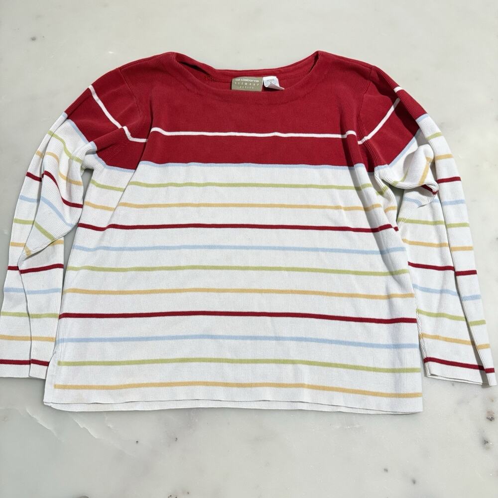 Liz Claiborne Red White Rainbow Striped Knit Sweater M 100% Cotton Prep Classic